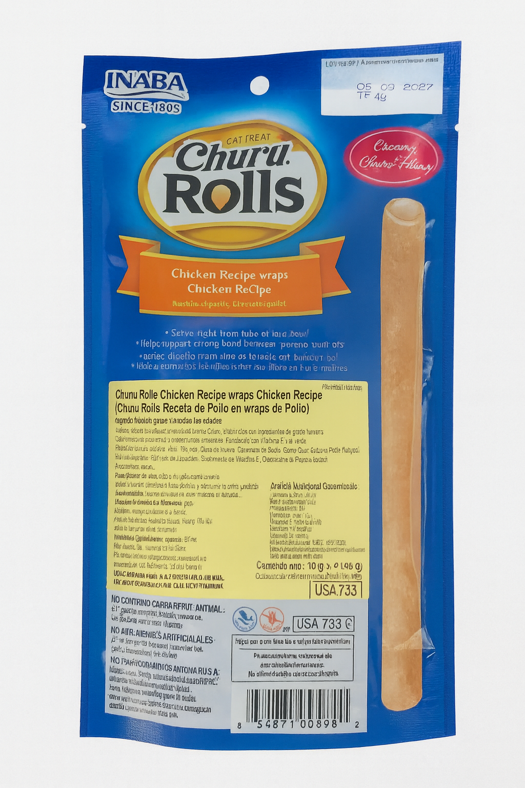 Parte posterior del sobre de Churu Rolls Receta de Pollo, donde se detallan los ingredientes naturales, la información nutricional garantizada y las instrucciones para premiar a tu gato con este snack saludable.