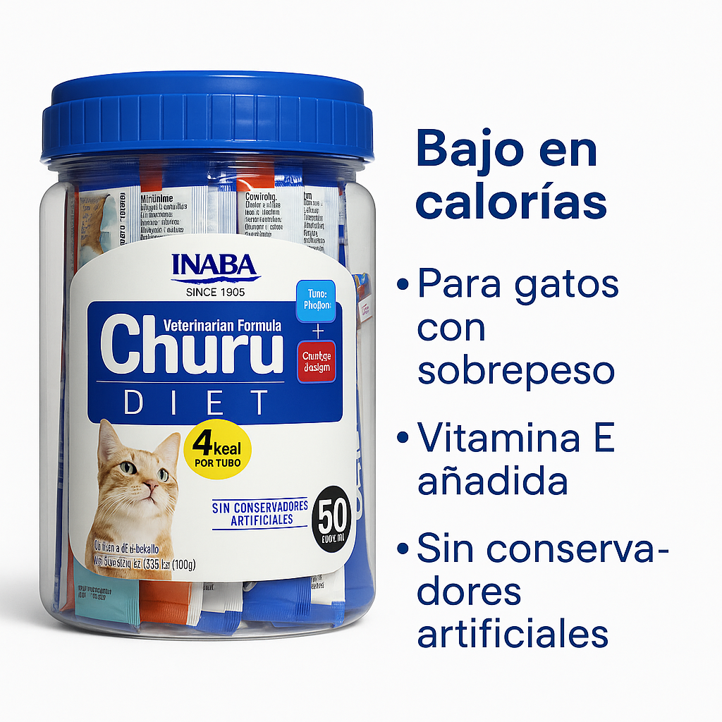 Churu Diet Inaba para Gatos – Mezcla Atún y Pollo | 50 Tubos Bajas Calorías