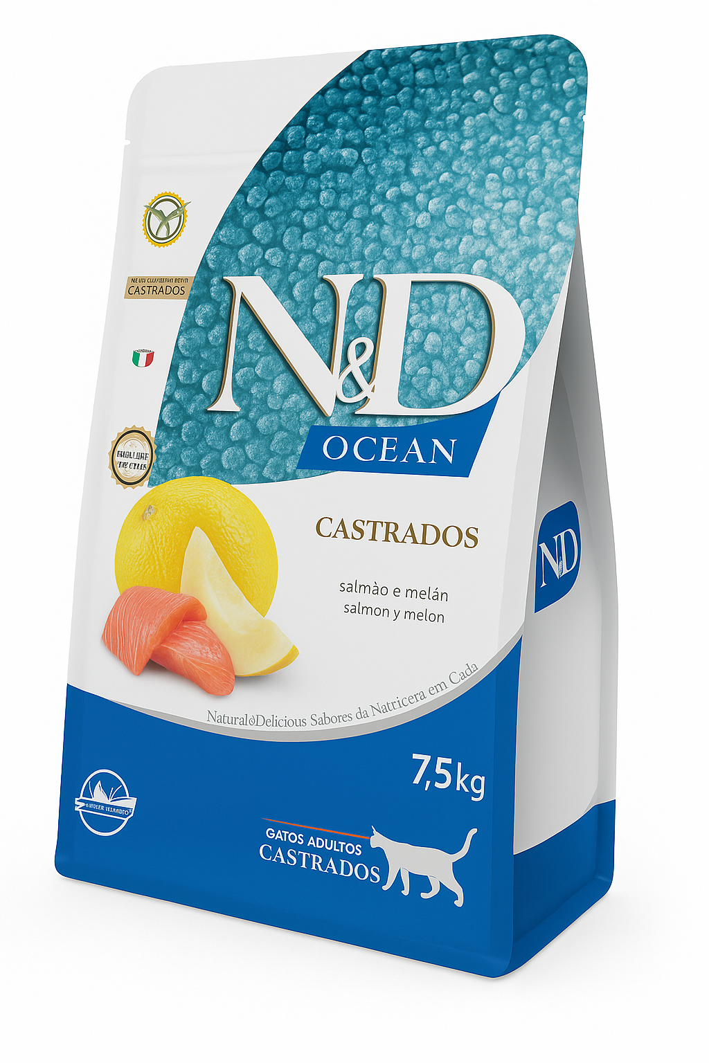 Saco de 7.5kg de alimento premium Farmina N&D Ocean para gatos castrados con sabor a salmón y melón. El diseño del envase es azul y blanco, resaltando que es una fórmula libre de cereales (Grain Free) e ideal para el control de peso de gatos esterilizados.
