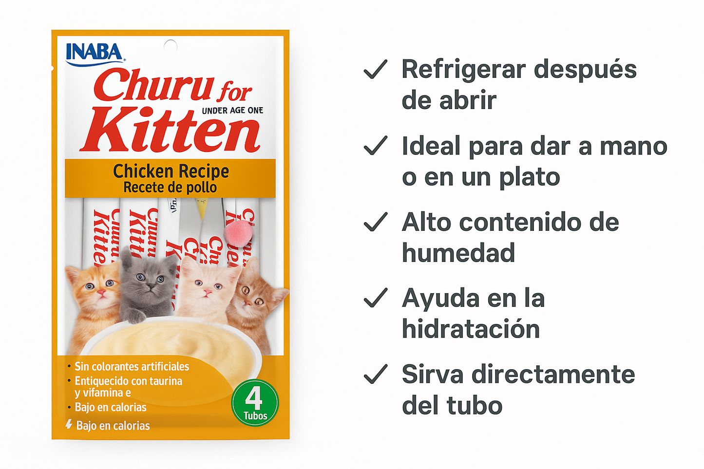 Infografía de beneficios del snack Churu para gatitos que resalta su alto contenido de humedad para la hidratación, su versatilidad para servir a mano o en plato, y la importancia de refrigerar el producto después de abrirlo.