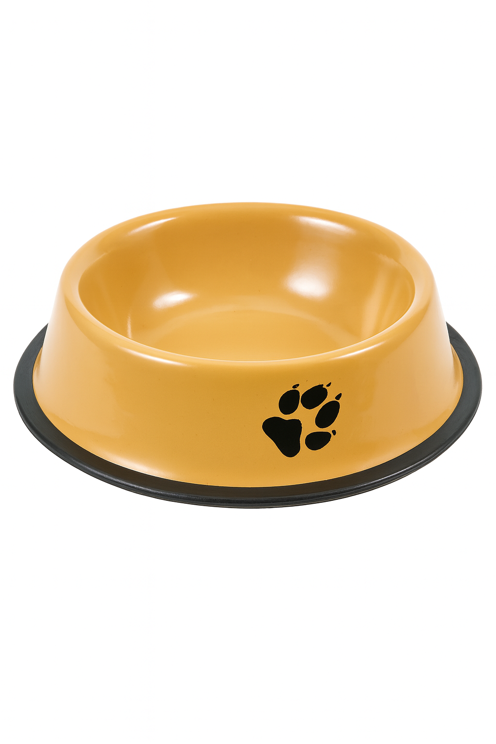 Plato antideslizante para mascotas talla XL en color amarillo mostaza con detalle de huella negra. Su diseño de gran capacidad es ideal para perros de razas grandes, combinando durabilidad con una base de caucho que garantiza estabilidad total.