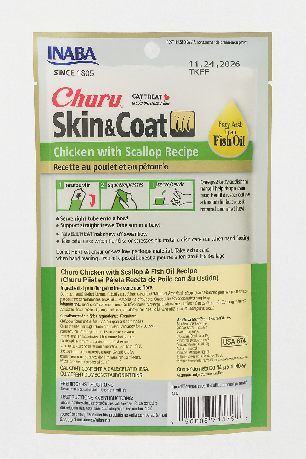 Reverso del sobre de Churu Skin & Coat sabor Pollo con Ostión, donde se detallan los ingredientes naturales de alta calidad, el análisis nutricional garantizado y las guías de alimentación recomendadas para gatos adultos.