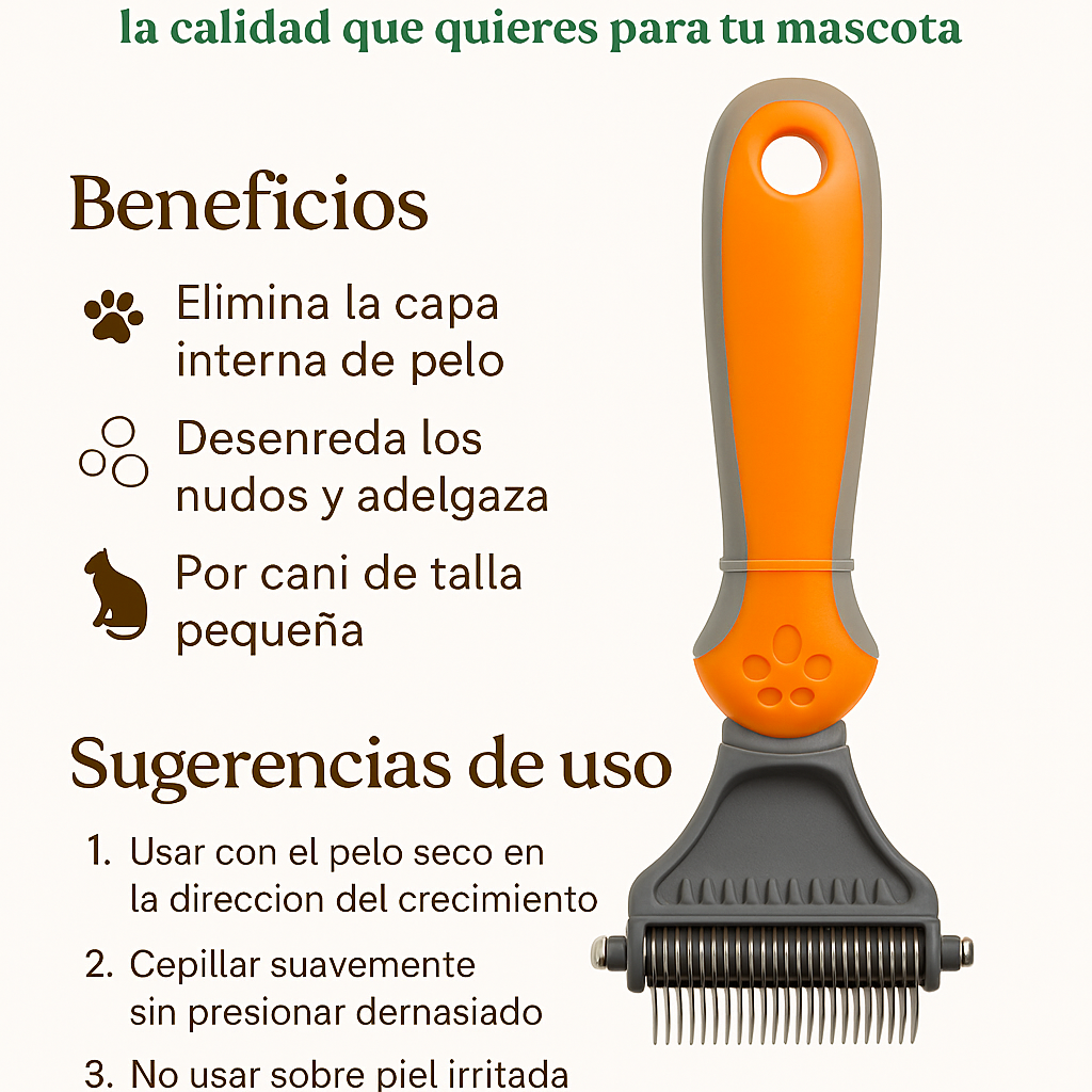 Infografía detallada del peine desenredante PetBaby que destaca sus beneficios: elimina la capa interna de pelo, desenreda nudos y adelgaza el pelaje espeso. Incluye sugerencias de uso clave como cepillar suavemente sobre pelo seco, seguir la dirección del crecimiento y evitar su uso en piel irritada.