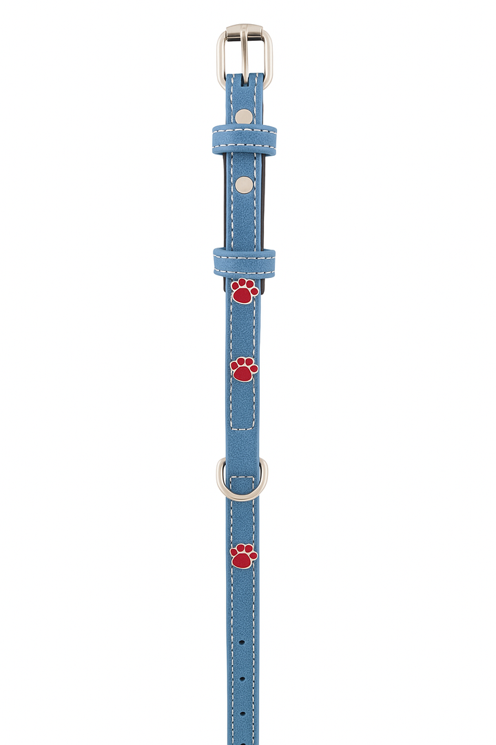Collar de cuero PetBaby azul con huellas rojas y hebilla metálica