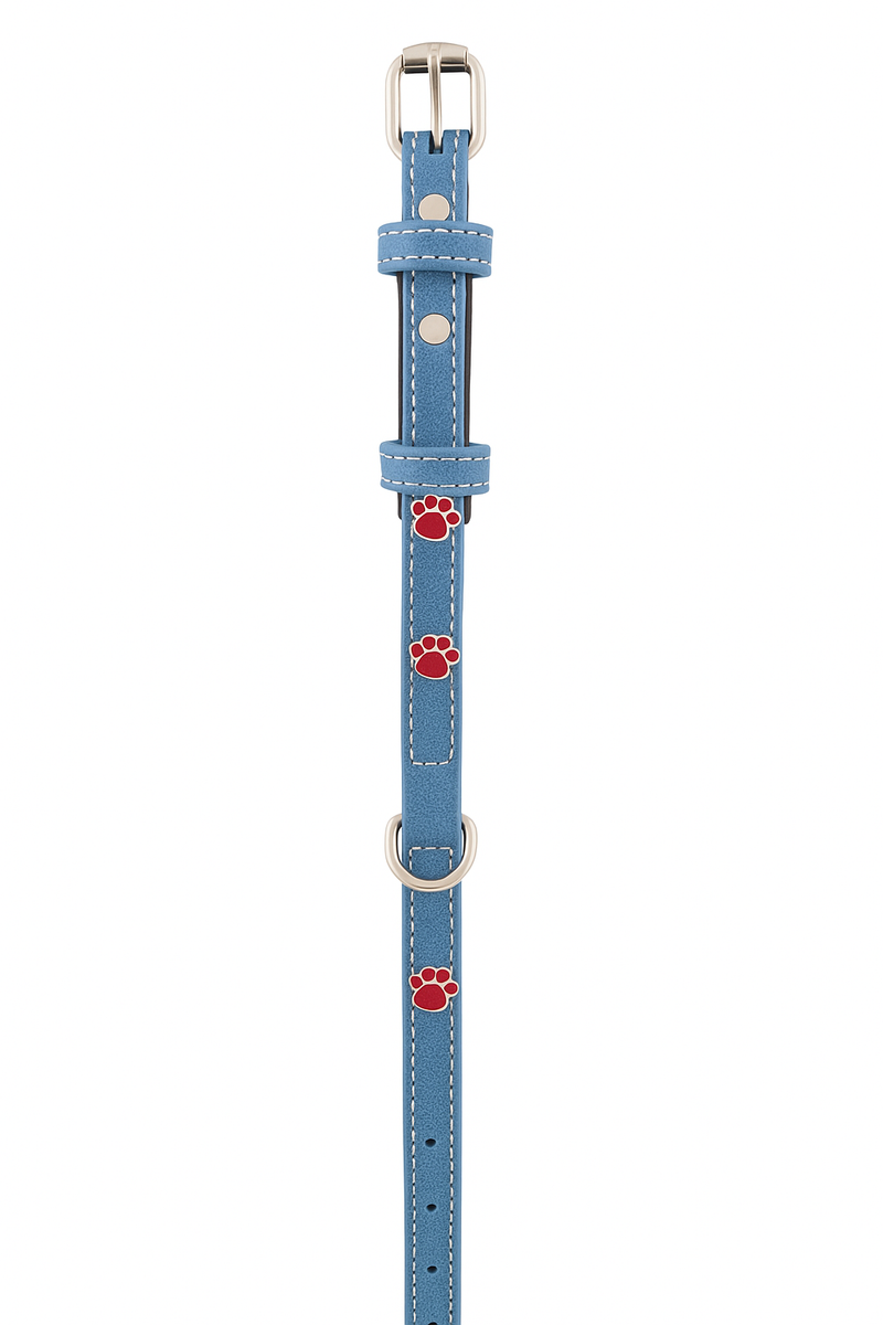 Collar de cuero PetBaby azul con huellas rojas y hebilla metálica