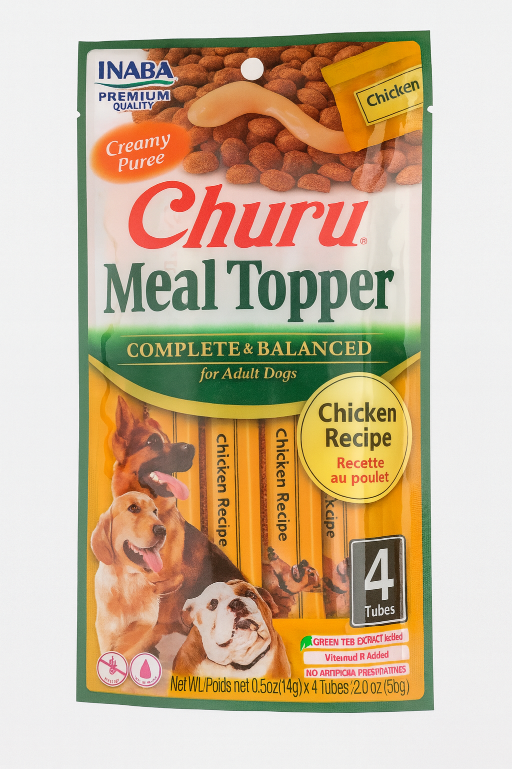 Vista frontal del empaque de Churu Meal Topper para perros de la marca Inaba, receta de pollo. El diseño es de color amarillo y verde, indicando que contiene 4 unidades e incluye imágenes de perros y el snack líquido vertido sobre comida seca como "topper".