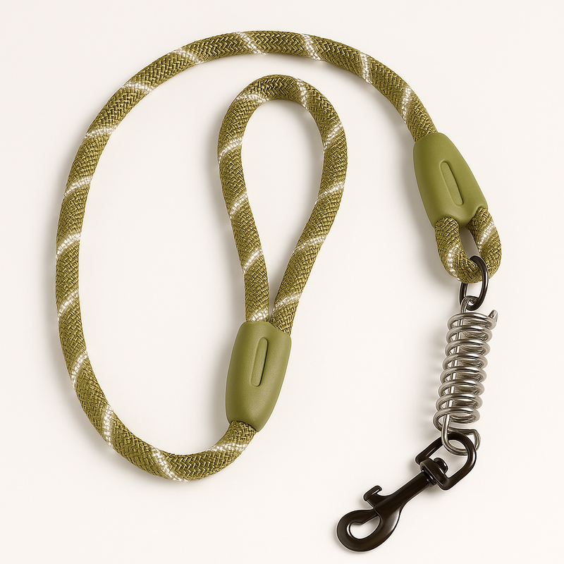 Correa reflectante para perros PetBaby de 1.2 metros en color verde oliva con patrón de seguridad blanco. Destaca su diseño de cuerda gruesa tipo escalada, un mango acolchado para mayor comodidad y un resorte amortiguador de acero integrado para suavizar los tirones fuertes.