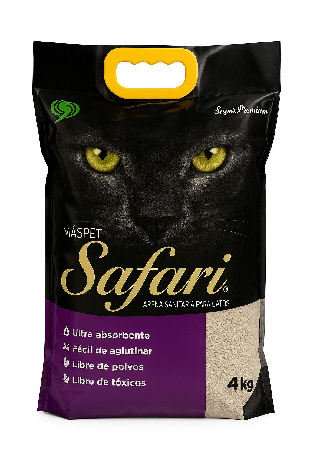Vista frontal completa del empaque de arena para gatos MásPet Safari de 4kg, resaltando el diseño elegante de la marca y el asa integrada de color amarillo en la parte superior para facilitar su transporte.