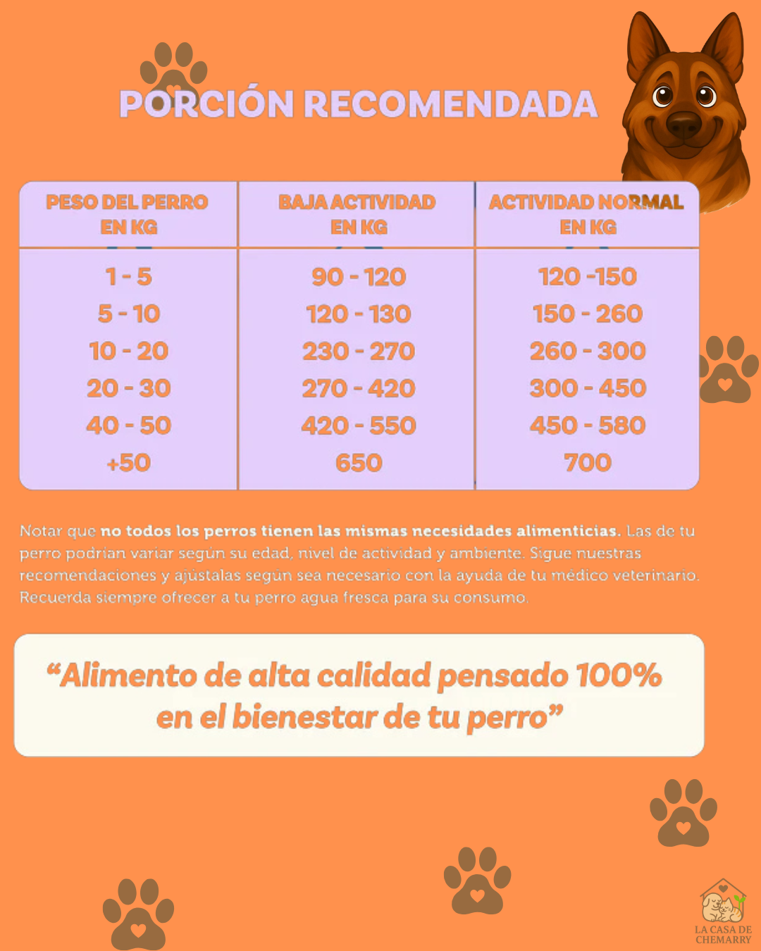 Guía de alimentación con la tabla de porción recomendada para PetFamily Grain Free. Detalla la ración diaria en gramos según el peso del perro (de 1 a 60 kg) y su nivel de actividad (baja actividad/senior o activo).