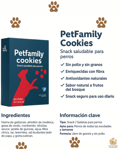 Infografía detallada de Galletas PetFamily. Incluye la lista de ingredientes naturales, beneficios nutricionales como antioxidantes y fibra, e información clave sobre la calidad del snack.