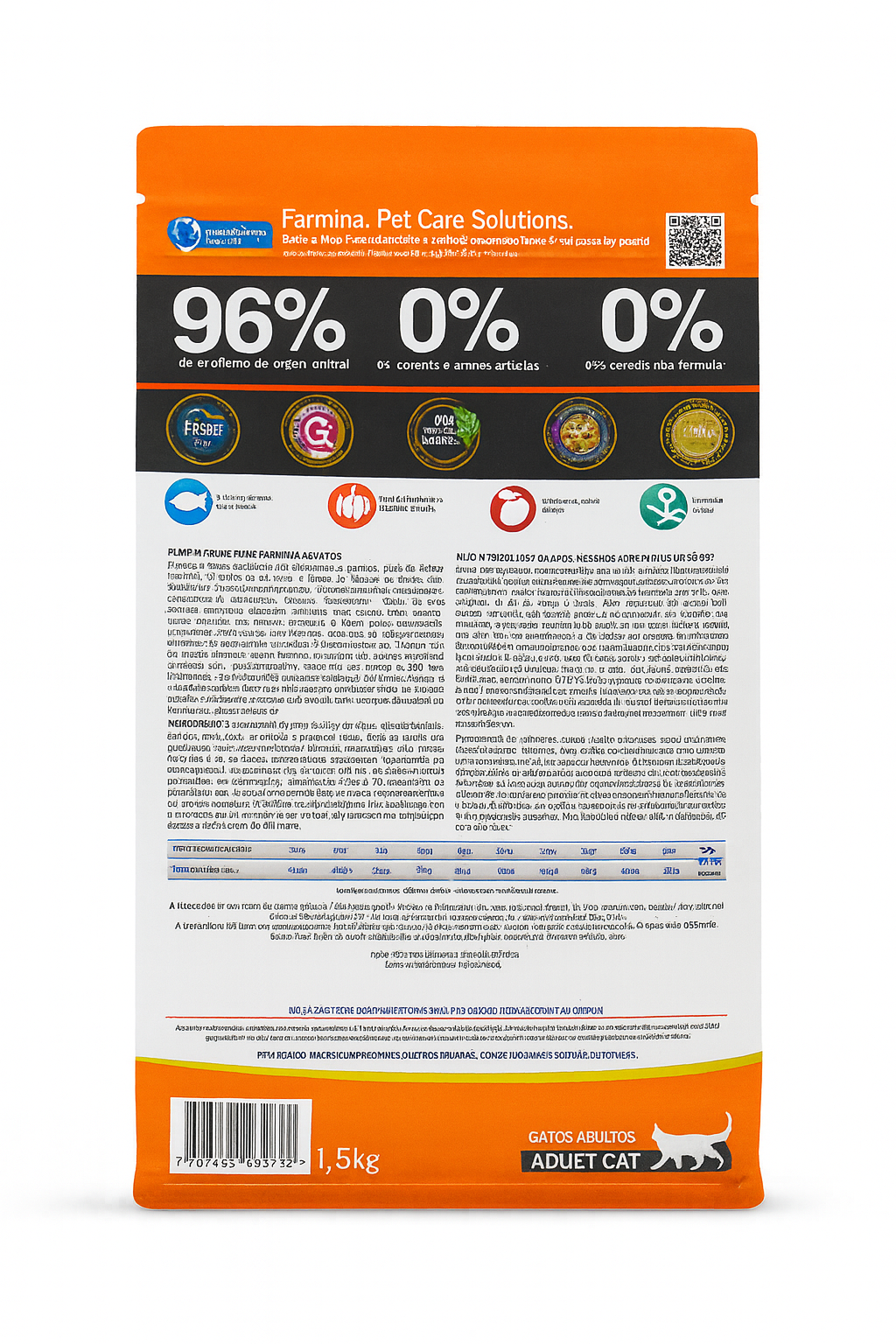 Vista posterior del envase de N&D Pumpkin Salmón y Calabaza, donde se detalla la composición nutricional, la lista de ingredientes naturales y la guía de alimentación diaria. Destacan los iconos superiores que certifican un 96% de proteína de origen animal, 0% cereales y 0% conservantes artificiales.