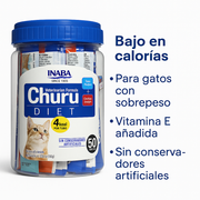 Infografía en español titulada "Bajo en calorías" que detalla las ventajas de Churu Diet: ideal para gatos con sobrepeso, enriquecido con Vitamina E añadida y fabricado sin conservadores artificiales. Presenta una imagen del producto junto a un gato, resaltando su enfoque en la salud felina.