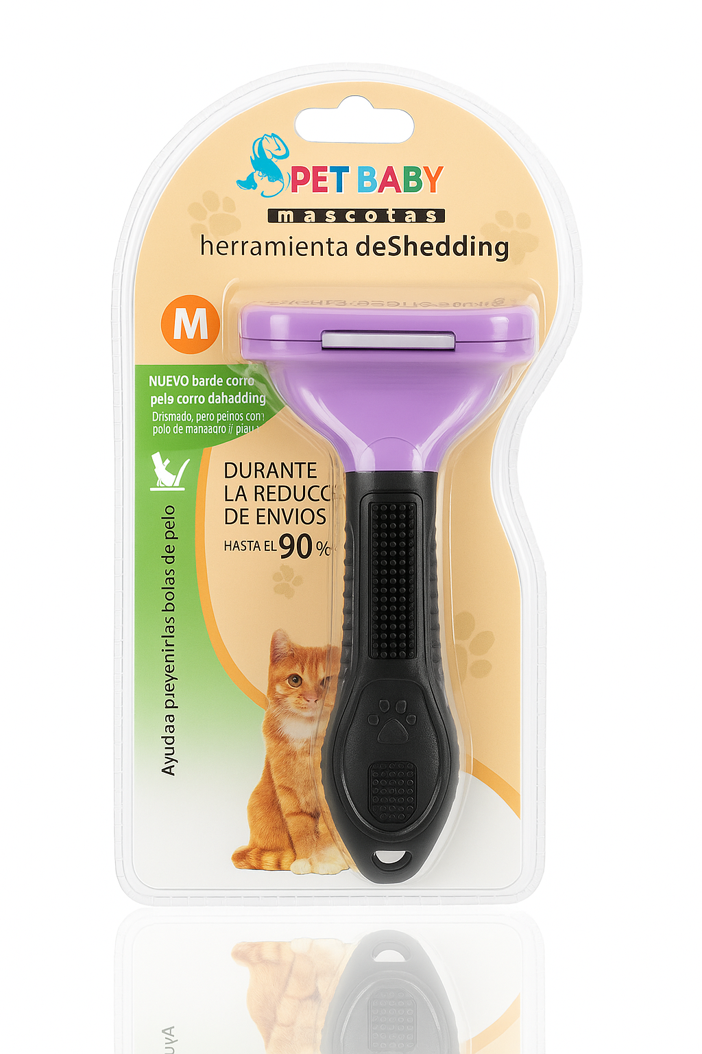 Empaque blister del cepillo quita pelos deShedding PetBaby para gatos de talla M. El envase resalta que reduce la caída de pelo hasta en un 90% y muestra una imagen de un gato naranja, subrayando su eficacia profesional para el cuidado del pelaje felino en casa.