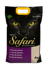 Saco de 4kg de Arena Sanitaria MásPet Safari Ultra Absorbente para gatos. El envase es de color negro premium con una imagen impactante de un gato negro de ojos amarillos, destacando en una franja púrpura que es una fórmula de alto poder aglutinante y libre de polvo.