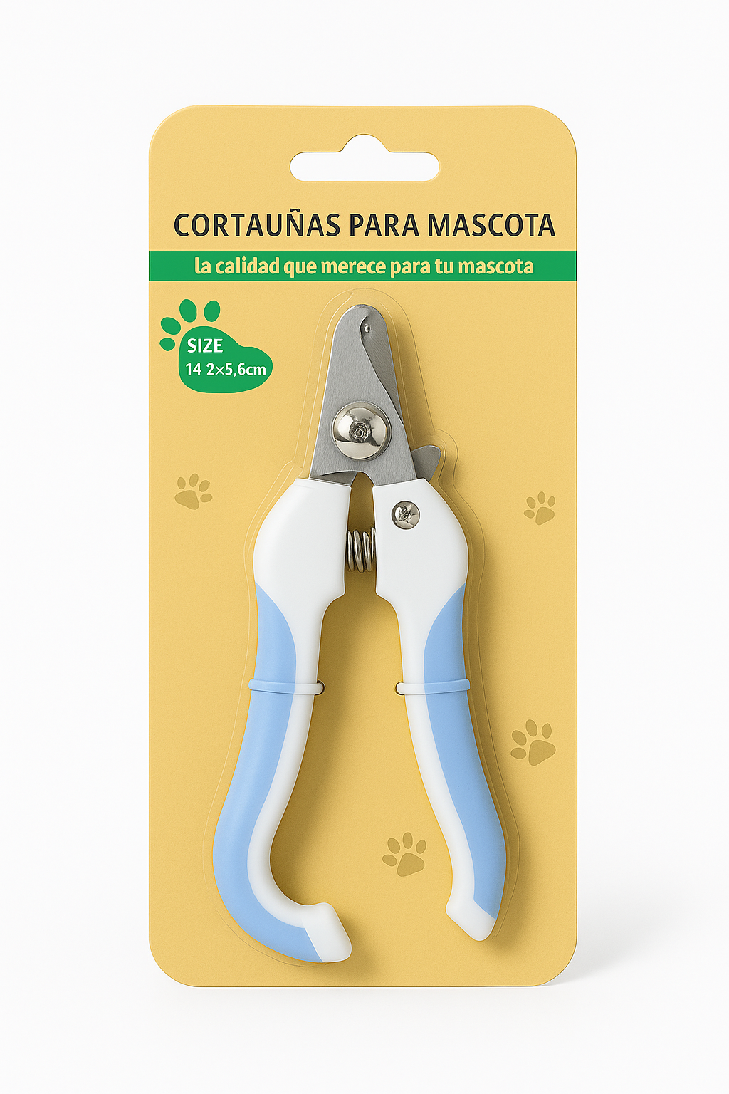 Cortauñas profesional Pet Baby para mascotas de razas pequeñas y cachorros en color blanco y celeste. Se presenta en su empaque original resaltando su diseño ergonómico y compacto, ideal para un manejo seguro y preciso durante el aseo en casa.