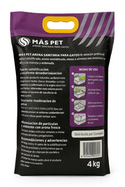 Parte posterior del envase de la arena sanitaria MásPet Safari, donde se detallan mediante iconos e instrucciones el modo de uso correcto, los beneficios de su tecnología de absorción y recomendaciones de higiene para el arenero.