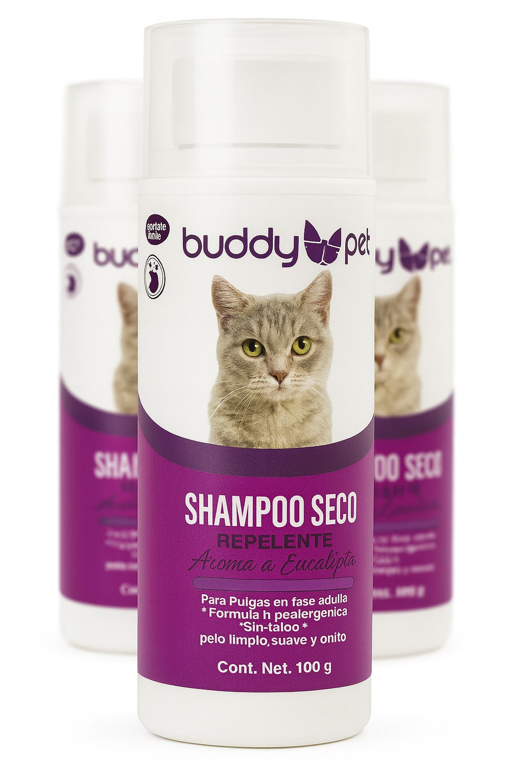 Buddy Pet Shampoo Seco Repelente para Gatos – Aroma a Eucalipto | 100 g