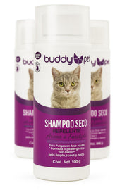 Fotografía de tres botes de Shampoo en Seco Buddy Pet de 100g cada uno, resaltando su presentación compacta y ergonómica para facilitar el uso doméstico en sesiones de aseo rápidas.