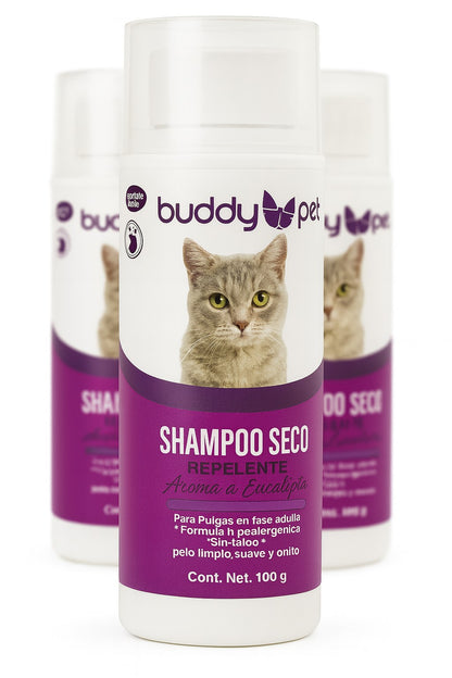 Buddy Pet Shampoo Seco Repelente para Gatos – Aroma a Eucalipto | 100 g