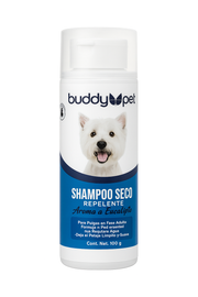 Envase de 100g de Shampoo en Seco para Perros de la marca Buddy Pet, con fórmula repelente y aroma a eucalipto. La etiqueta en tonos azules y blancos muestra la imagen de un perro blanco de raza pequeña, destacando su función de limpieza profunda sin necesidad de enjuague.