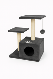 rascador para gatos PetBaby de 70cm en felpa gris oscuro. Su diseño multinivel incluye una cueva cuadrada en la base con detalle de huella blanca, dos plataformas de descanso elevadas y un juguete de pompón colgante, con postes de sisal natural para el cuidado de las uñas.