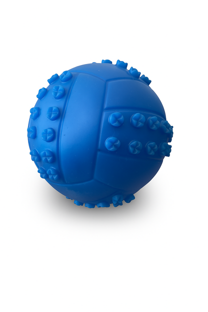 Juguete para perros PetBaby tipo pelota de goma en color azul intenso con superficie texturizada. Su relieve especializado ayuda a la estimulación sensorial de la mascota y contribuye a la limpieza de las encías durante el masticado.