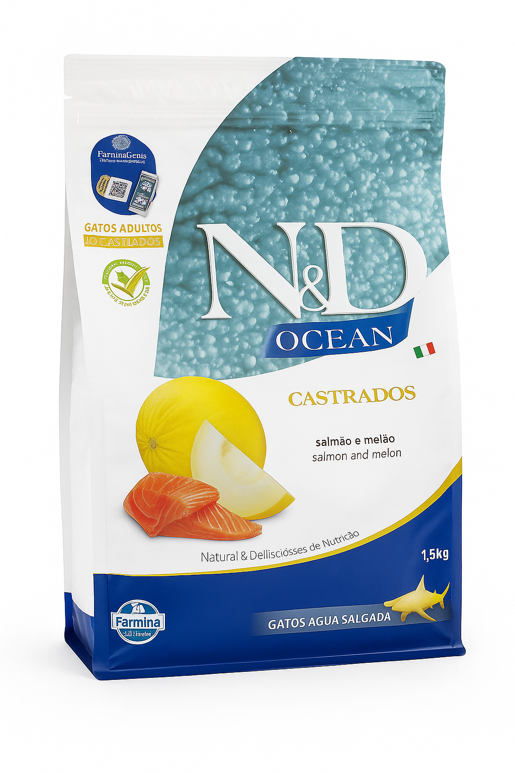 Saco de 1.5kg de alimento ultra premium N&D Ocean para gatos adultos castrados, sabor salmón y melón de la marca Farmina. El diseño del empaque en azul y blanco resalta que es una fórmula Grain-Free (libre de cereales) e incluye imágenes de un filete de salmón fresco y una rodaja de melón.