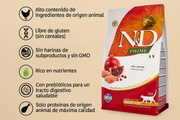 Infografía técnica del alimento N&D Prime que resume sus beneficios clave: alto aporte de proteínas animales, fórmula libre de cereales, uso de antioxidantes naturales, promoción de una digestión saludable y selección de ingredientes de origen natural de máxima calidad.