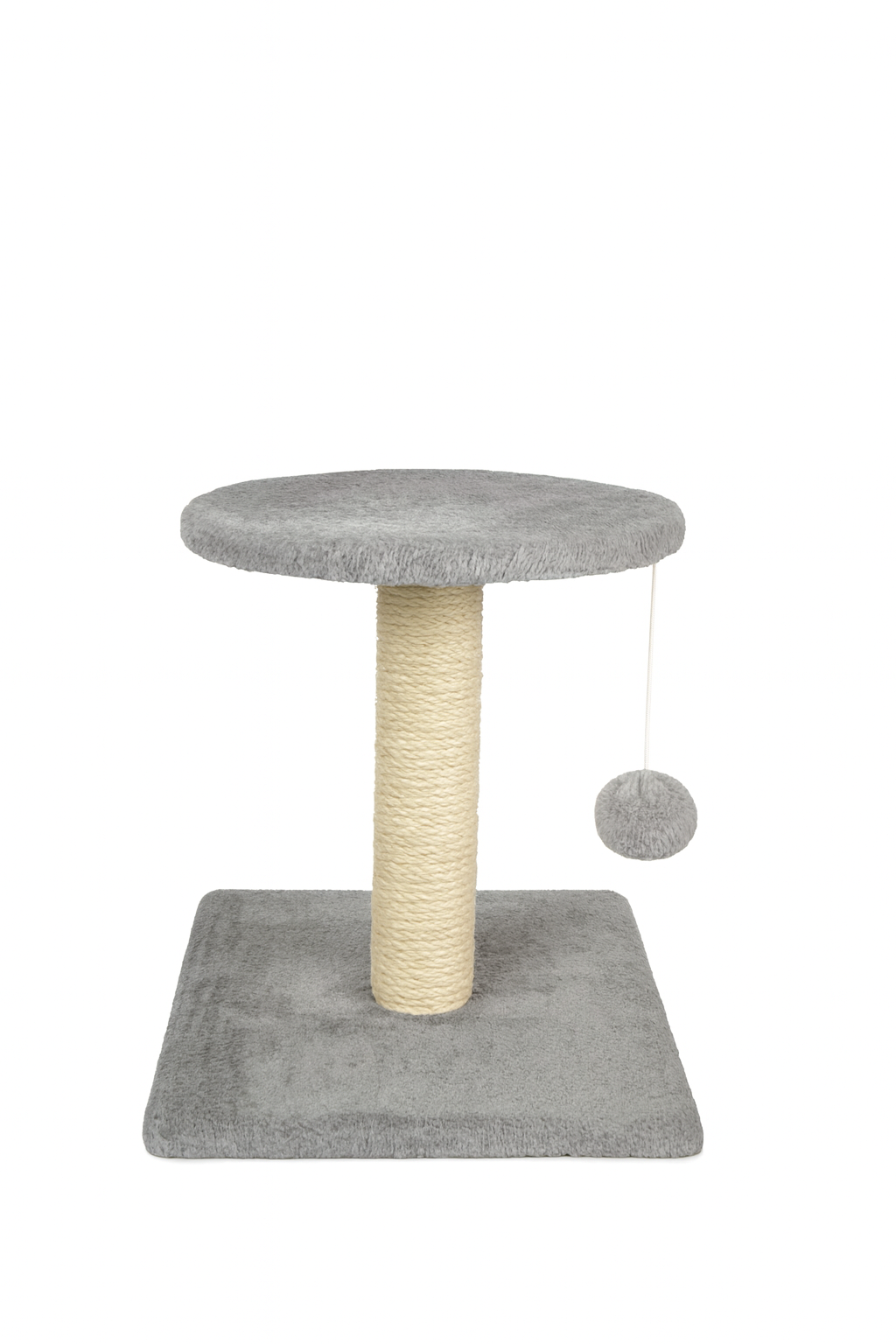 Variante del rascador poste de 38cm en color gris claro. Se aprecia la calidad de la cuerda de sisal y el acabado de la felpa, diseñado para ofrecer una superficie de rascado saludable y un lugar de observación elevado.