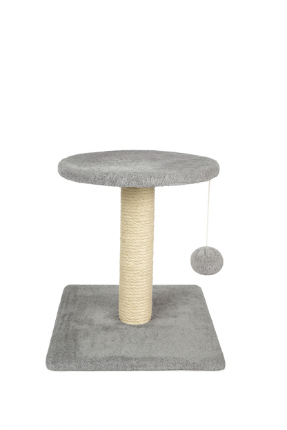 Variante del rascador poste de 38cm en color gris claro. Se aprecia la calidad de la cuerda de sisal y el acabado de la felpa, diseñado para ofrecer una superficie de rascado saludable y un lugar de observación elevado.
