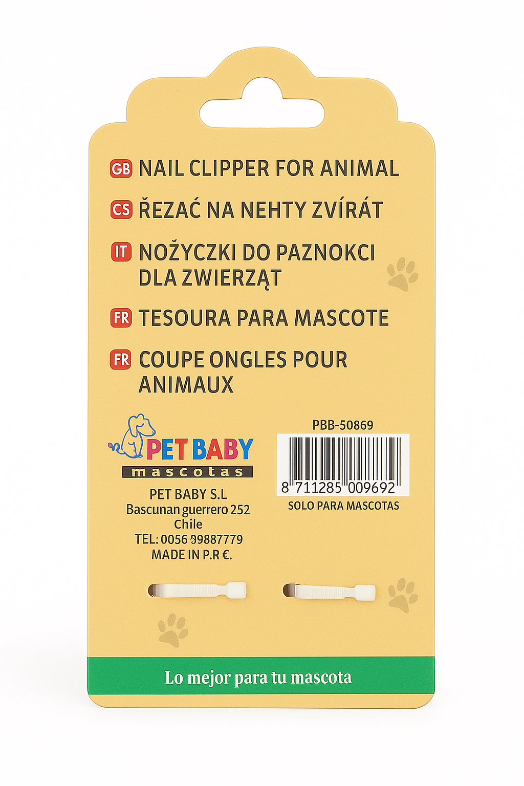 Vista posterior del empaque del cortauñas para mascotas, donde se detallan las instrucciones de uso, recomendaciones de seguridad y las características técnicas del producto sobre un fondo decorativo verde y amarillo.