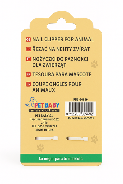 Vista posterior del empaque del cortauñas para mascotas, donde se detallan las instrucciones de uso, recomendaciones de seguridad y las características técnicas del producto sobre un fondo decorativo verde y amarillo.