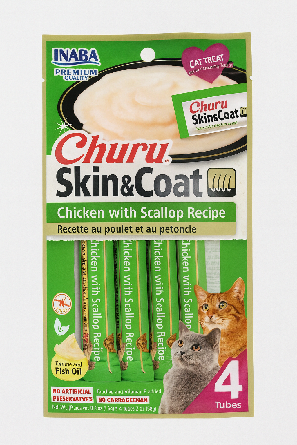 Vista frontal del empaque de Churu Skin & Coat para gatos de la marca Inaba, sabor pollo con ostión. El envase es de color verde y blanco, destaca beneficios para la salud de la piel y el pelaje, e incluye fotos de dos gatos y la indicación de que contiene 4 tubos individuales.