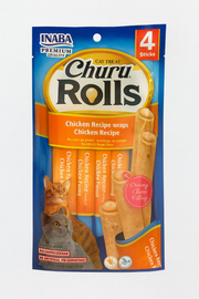 Vista frontal del empaque de Churu Rolls para gatos de la marca Inaba, sabor receta de pollo natural. El diseño es de color azul y naranja, muestra fotos de dos gatos y destaca que el producto contiene 4 rollos individuales de snack cremoso.