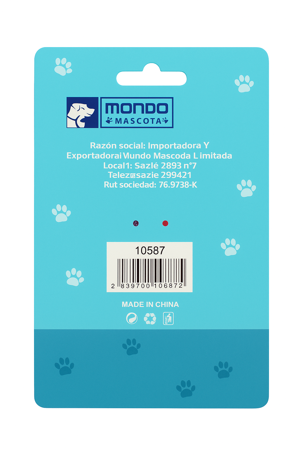 Vista posterior del empaque del juguete Mango Mascotas, que muestra la información técnica del producto y el logotipo de la marca sobre un fondo azul claro decorado con siluetas de perros y gatos.
