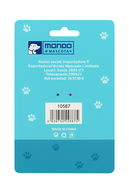 Vista posterior del empaque del juguete Mango Mascotas, que muestra la información técnica del producto y el logotipo de la marca sobre un fondo azul claro decorado con siluetas de perros y gatos.