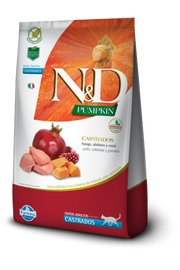 Saco de 1.5kg de alimento ultra premium N&D Pumpkin para gatos adultos castrados, sabor pollo, calabaza y granada de Farmina. El empaque destaca su fórmula Grain-Free (sin cereales) y muestra ingredientes naturales como pollo fresco, granada y calabaza, diseñado específicamente para el metabolismo de gatos esterilizados.