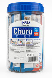 Vista posterior del frasco de Churu Diet Mix Atún y Pollo, donde se aprecia la información nutricional, los ingredientes naturales y el código de barras. El formato de tarro permite ver los 50 snacks individuales, facilitando el almacenamiento y la organización en el hogar.