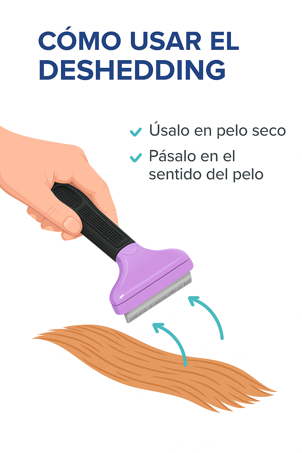Infografía instructiva sobre cómo usar el cepillo deShedding de PetBaby en gatos. La imagen ilustra el proceso de cepillado sobre el lomo de la mascota y entrega consejos clave: usar exclusivamente en pelo seco y pasar el peine siguiendo siempre el sentido del crecimiento del pelaje.