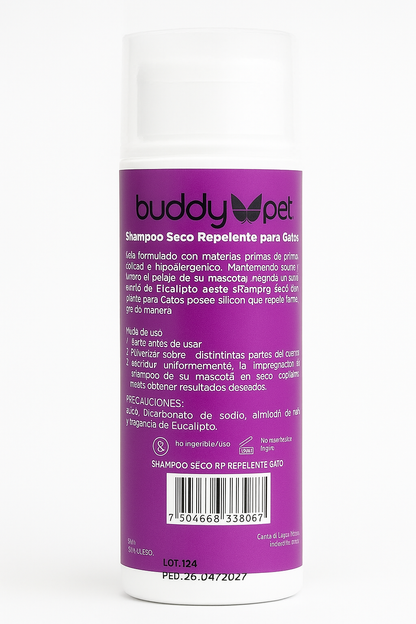 Buddy Pet Shampoo Seco Repelente para Gatos – Aroma a Eucalipto | 100 g