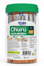 Vista lateral del frasco de Churu Nourish que muestra la información técnica, tabla nutricional y código de barras. El envase transparente permite visualizar el contenido de los 50 snacks individuales, asegurando una presentación práctica para el almacenamiento.