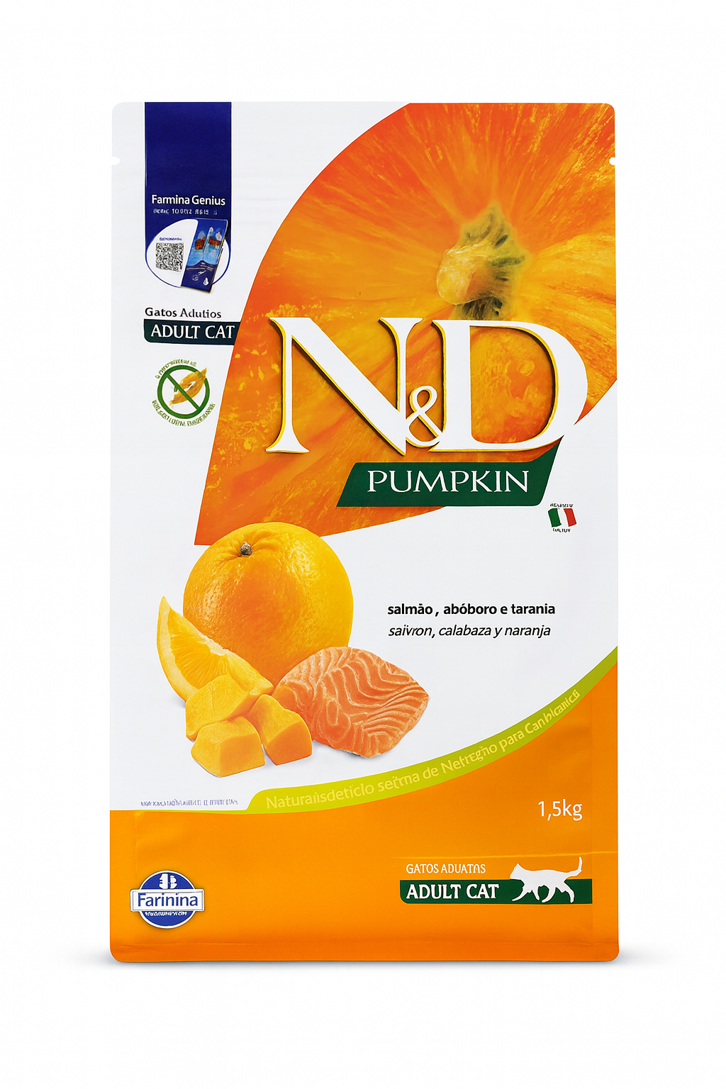 Saco de 1.5kg de alimento ultra premium N&D Pumpkin para gatos adultos, sabor salmón y calabaza de la marca Farmina. El diseño en color naranja vibrante resalta que es una fórmula libre de cereales e incluye imágenes de ingredientes frescos como filete de salmón, trozos de calabaza y rodajas de naranja.