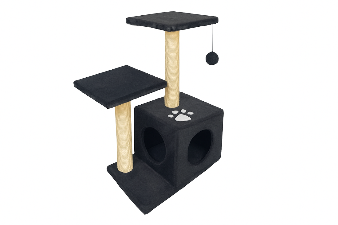 Rascador para gatos PetBaby de 70cm en color negro sólido. Muestra la estructura compacta y estable con acabados de felpa suave, ideal para gatos que buscan un refugio seguro y superficies de rascado resistentes.