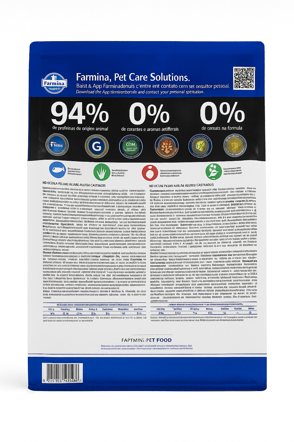 Vista posterior del envase de N&D Ocean Neutered Cat Salmón y Melón, donde se detalla la composición nutricional, la lista de ingredientes de origen natural y la guía de alimentación recomendada. Incluye iconos informativos sobre el 94% de proteína animal y la ausencia de cereales.