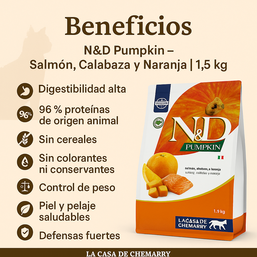 Infografía detallada de los beneficios del alimento N&D Pumpkin Salmón y Calabaza para gatos, resaltando su alta digestibilidad, el fortalecimiento de defensas, el cuidado de la piel y el pelaje, y su eficacia en el control de peso gracias a su fórmula natural y libre de granos.