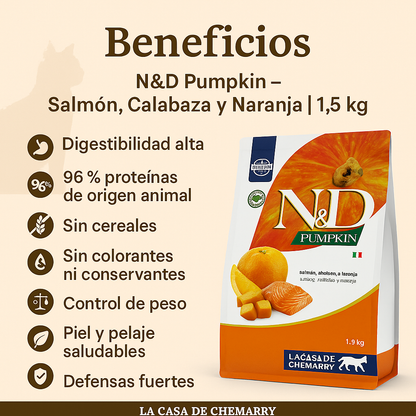 Infografía detallada de los beneficios del alimento N&D Pumpkin Salmón y Calabaza para gatos, resaltando su alta digestibilidad, el fortalecimiento de defensas, el cuidado de la piel y el pelaje, y su eficacia en el control de peso gracias a su fórmula natural y libre de granos.