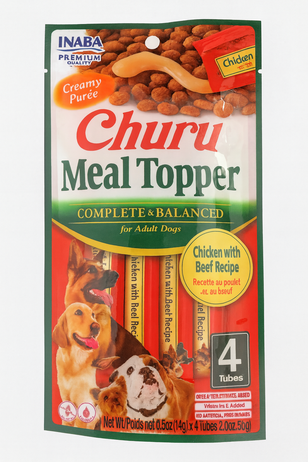 Vista frontal del empaque de Churu Meal Topper para perros sabor Pollo con Vacuno de la marca Inaba. El envase es de color amarillo y rojo, muestra ilustraciones de perros y destaca que es un snack líquido natural para verter sobre el alimento seco.