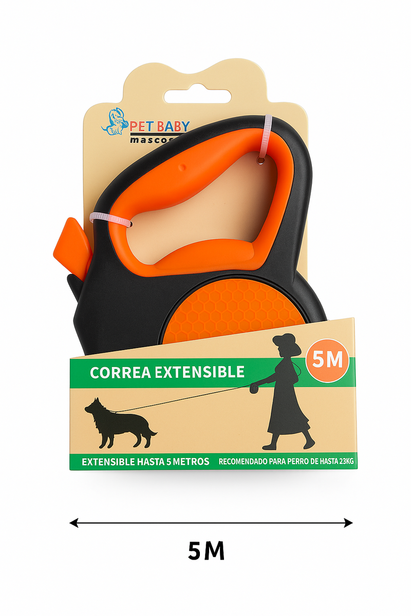 Vista frontal del empaque de la Correa Extensible PetBaby de 5 metros en color naranja y negro. El diseño del envase muestra una silueta de una persona paseando a su perro y resalta claramente la longitud de 5M, indicando que es una herramienta de paseo con auto-control.