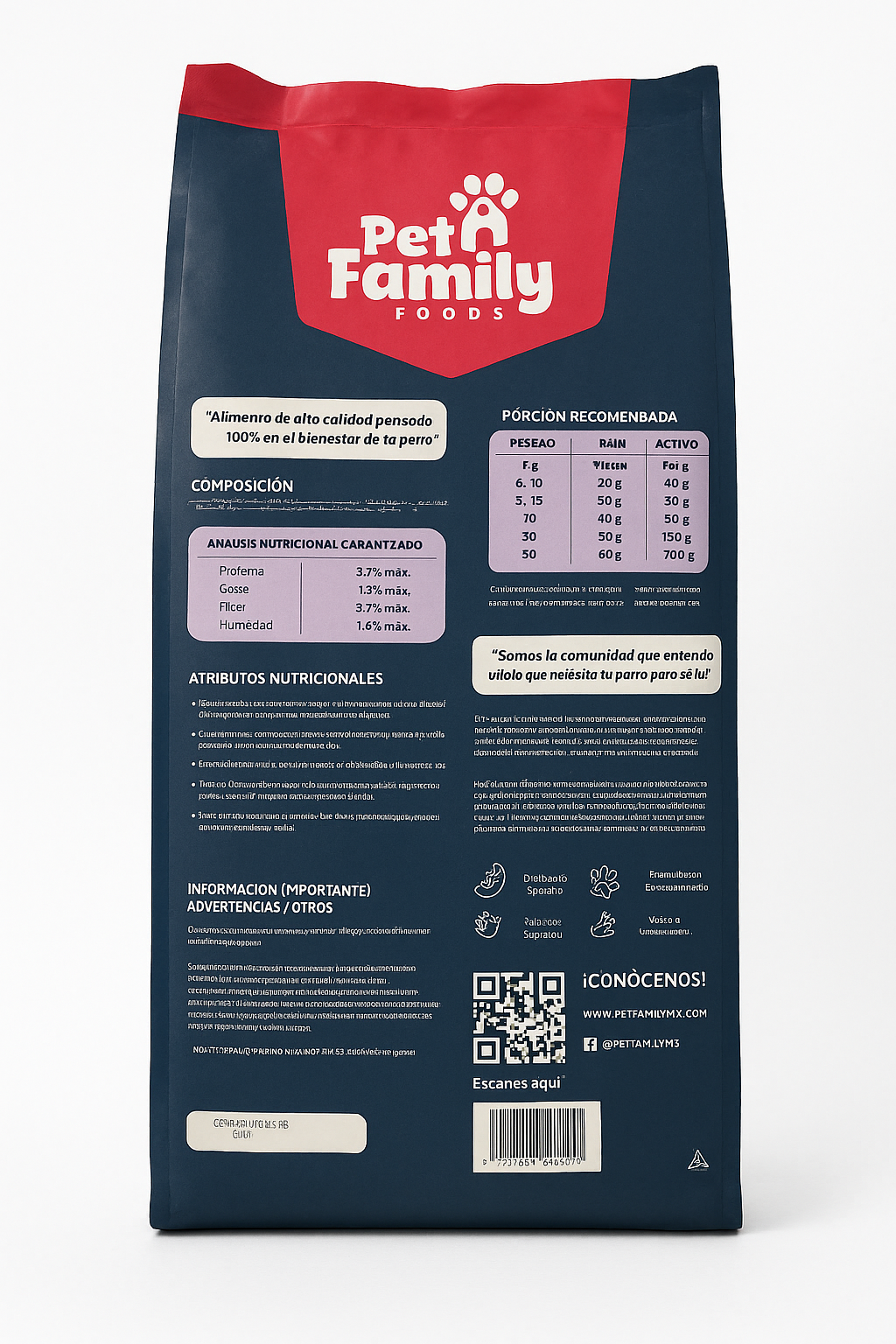 Vista trasera del empaque PetFamily Vacuno Sin Cereales de 12kg, donde se muestra la composición nutricional completa, la lista de ingredientes naturales y los sellos de certificación de calidad del producto.