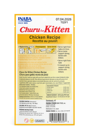 Parte posterior del sobre de Churu for Kitten sabor pollo, donde se detallan los ingredientes naturales de alta calidad, el análisis nutricional garantizado y las guías de alimentación específicas para el desarrollo saludable de gatitos.